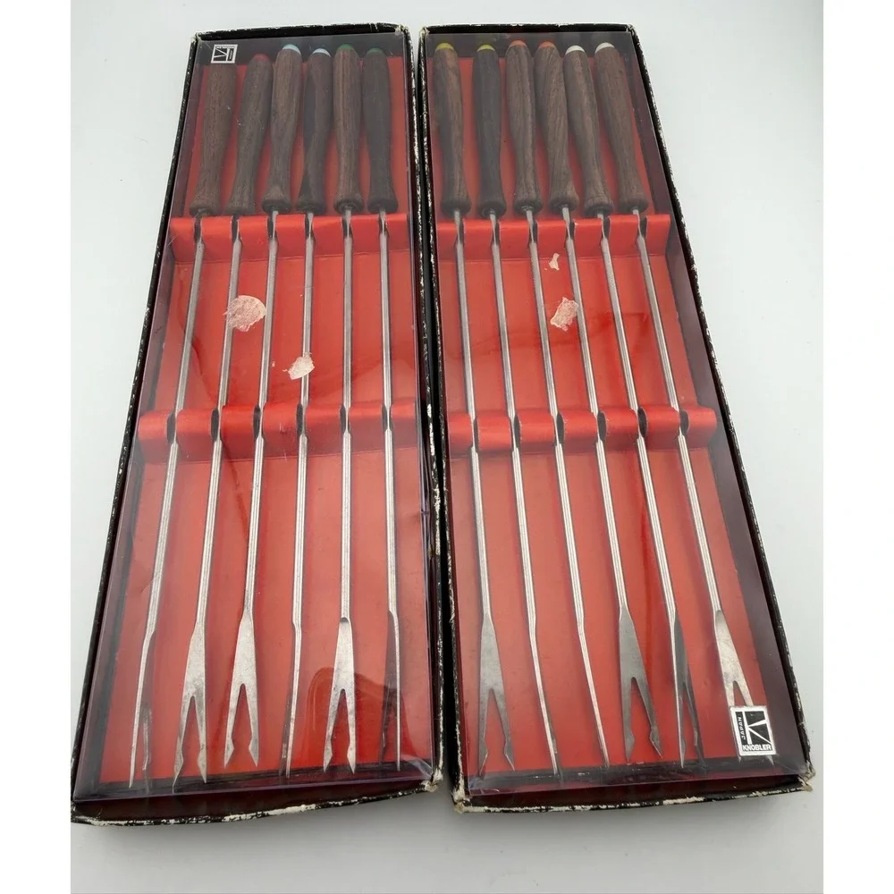 Knobler Fondue Forks Set of 12 Brown Mid‎ Century Modern Wood Japan Stainless